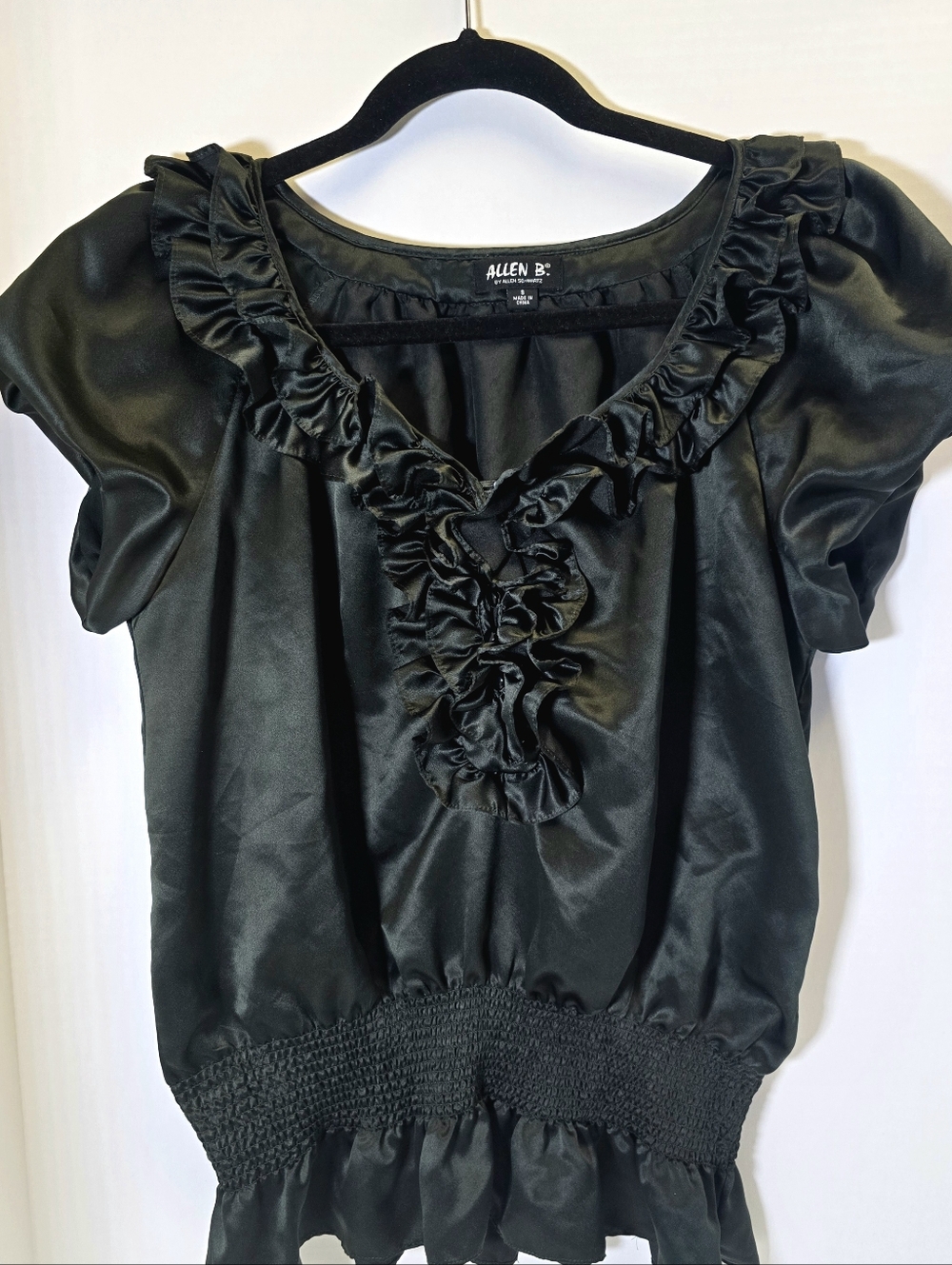 Dark Green Ruffled Satin Blouse